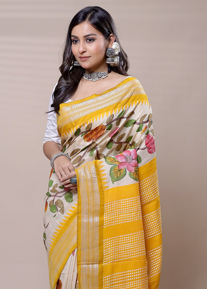 Cream Handloom Tussar Pure Silk Saree With Blouse Piece