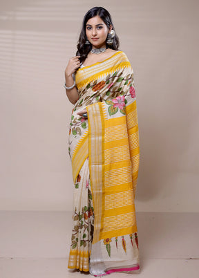 Cream Handloom Tussar Pure Silk Saree With Blouse Piece