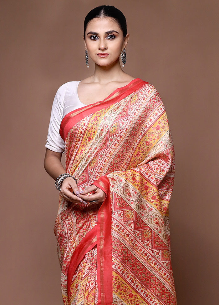 Cream Chanderi Cotton Saree With Blouse Piece