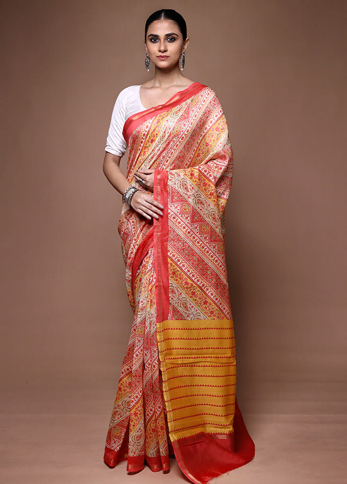 Cream Chanderi Cotton Saree With Blouse Piece