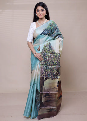 Blue Handloom Tussar Pure Silk Saree With Blouse Piece