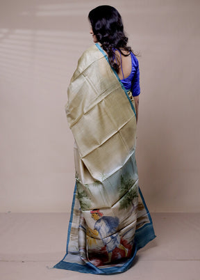 Cream Handloom Tussar Pure Silk Saree With Blouse Piece