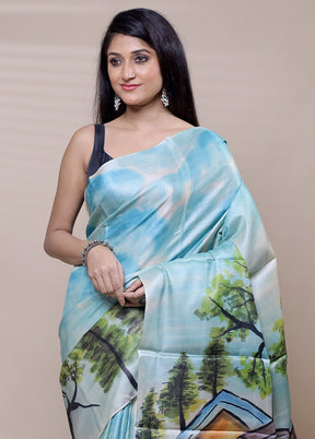 Blue Handloom Tussar Pure Silk Saree With Blouse Piece