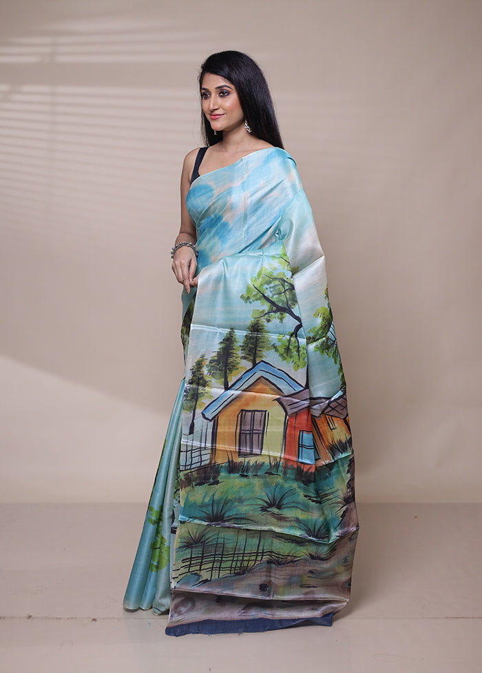 Blue Handloom Tussar Pure Silk Saree With Blouse Piece