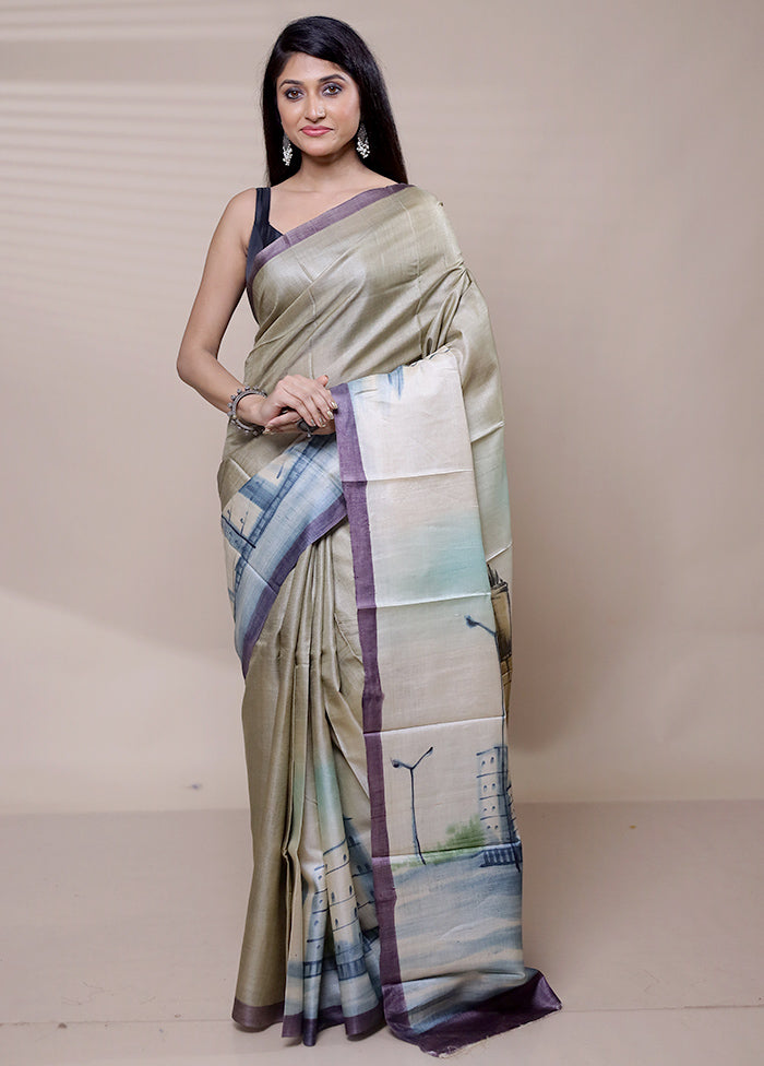 Grey Handloom Tussar Pure Silk Saree With Blouse Piece