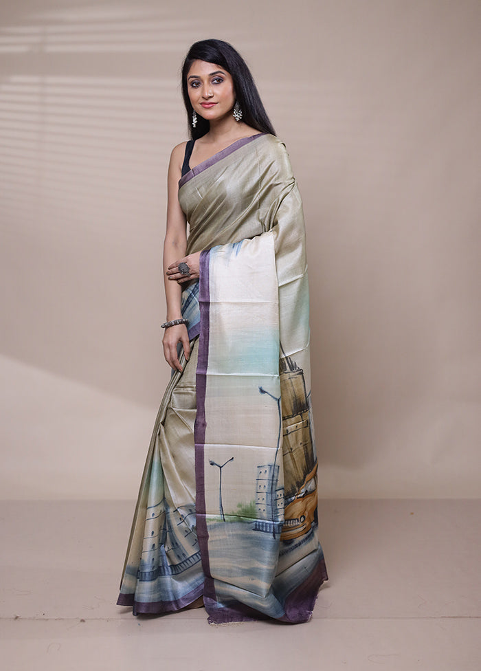 Grey Handloom Tussar Pure Silk Saree With Blouse Piece