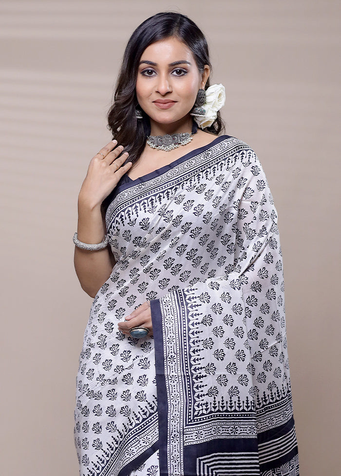 White Printed Pure Silk Saree Without Blouse Piece