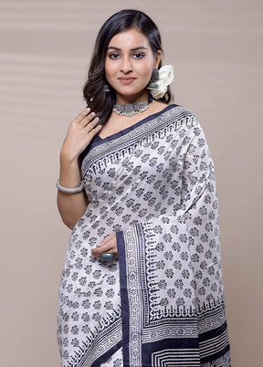 White Printed Pure Silk Saree Without Blouse Piece