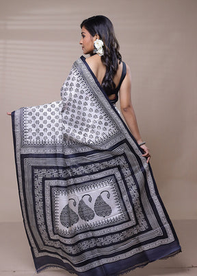 White Printed Pure Silk Saree Without Blouse Piece