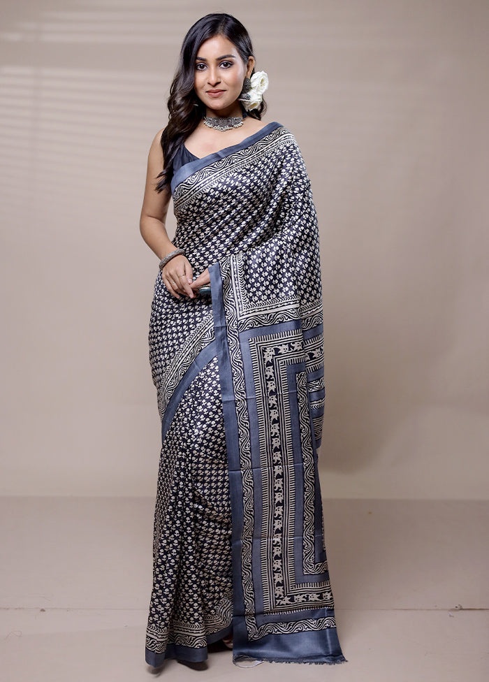 Grey Printed Pure Silk Saree Without Blouse Piece