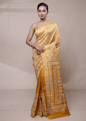 Yellow Printed Pure Silk Saree Without Blouse Piece