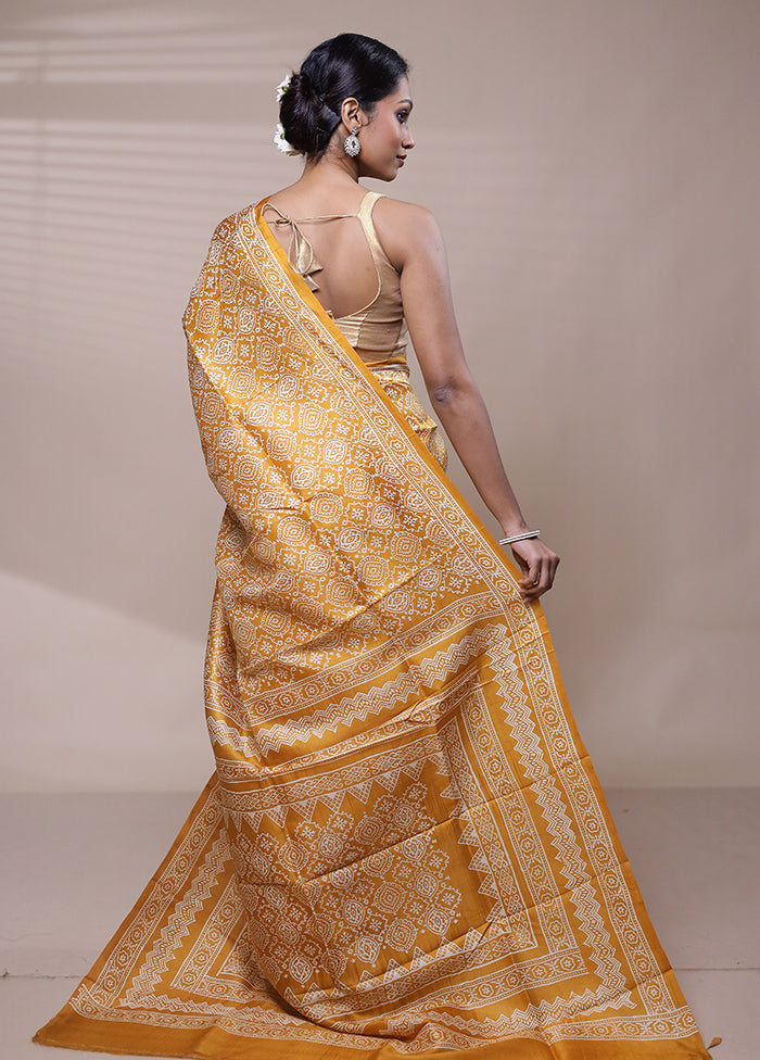 Yellow Printed Pure Silk Saree Without Blouse Piece