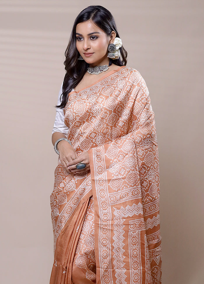 Peach Printed Pure Silk Saree Without Blouse Piece