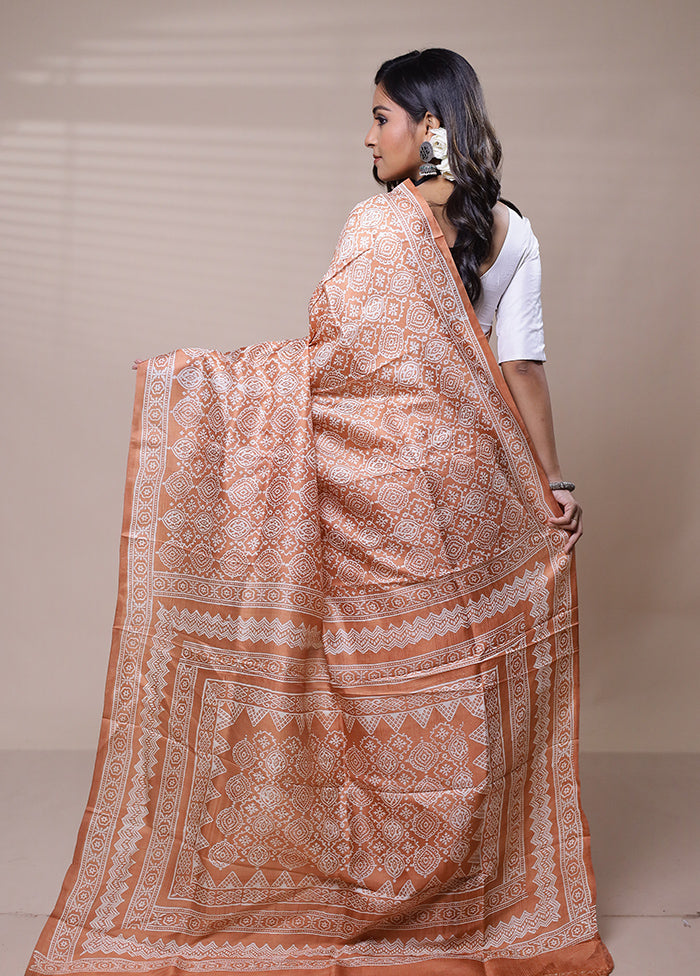 Peach Printed Pure Silk Saree Without Blouse Piece