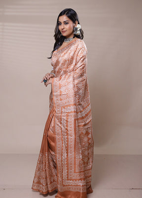 Peach Printed Pure Silk Saree Without Blouse Piece