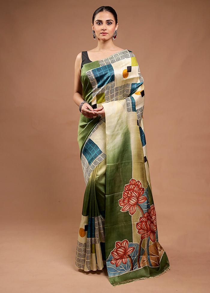 Green Printed Pure Silk Saree Without Blouse Piece