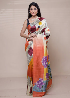 Cream Printed Pure Silk Saree Without Blouse Piece