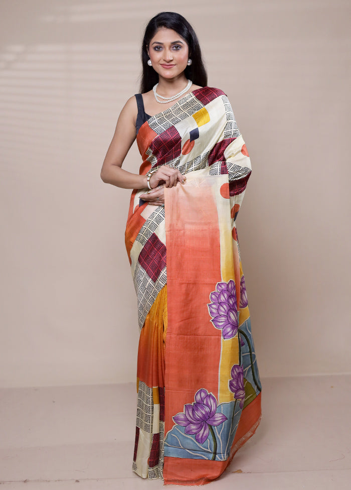 Cream Printed Pure Silk Saree Without Blouse Piece