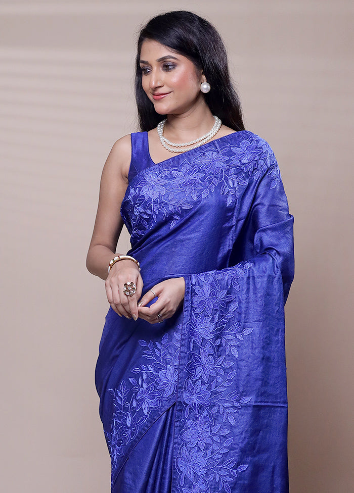 Blue Handloom Tussar Pure Silk Saree With Blouse Piece