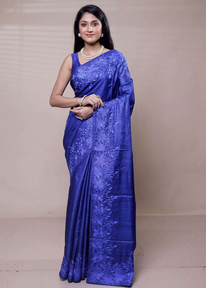 Blue Handloom Tussar Pure Silk Saree With Blouse Piece