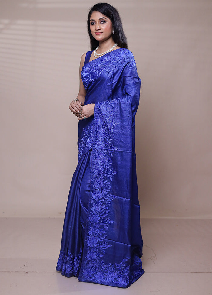 Blue Handloom Tussar Pure Silk Saree With Blouse Piece