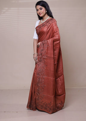 Brown Handloom Tussar Pure Silk Saree With Blouse Piece