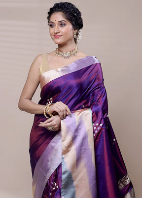 Purple Handloom Katan Pure Silk Saree With Blouse Piece