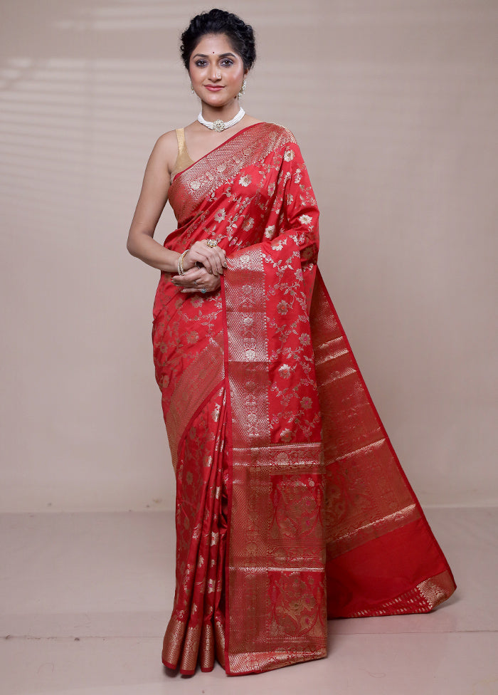 Red Dupion Silk Saree With Blouse Piece