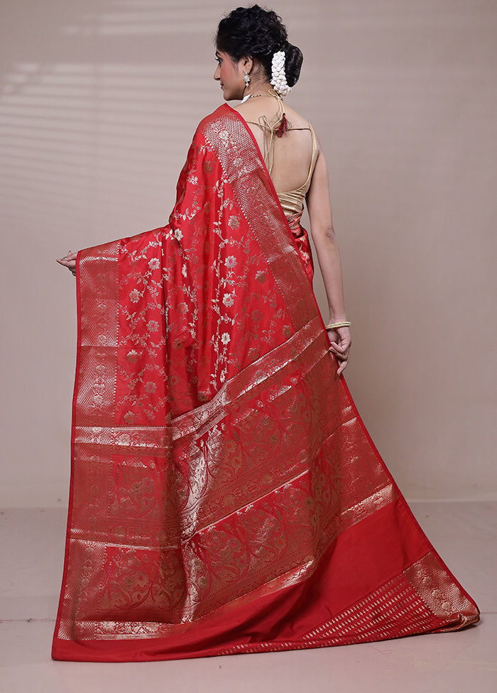 Red Dupion Silk Saree With Blouse Piece