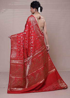 Red Dupion Silk Saree With Blouse Piece