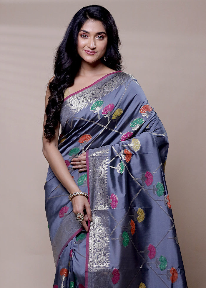 Grey Dupion Silk Saree With Blouse Piece