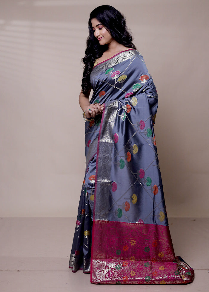 Grey Dupion Silk Saree With Blouse Piece