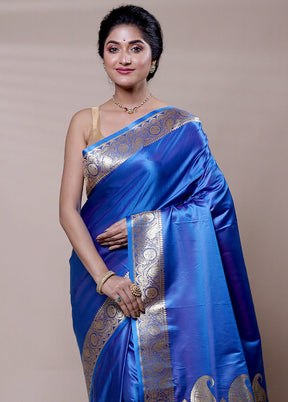 Blue Banarasi Silk Saree With Blouse Piece