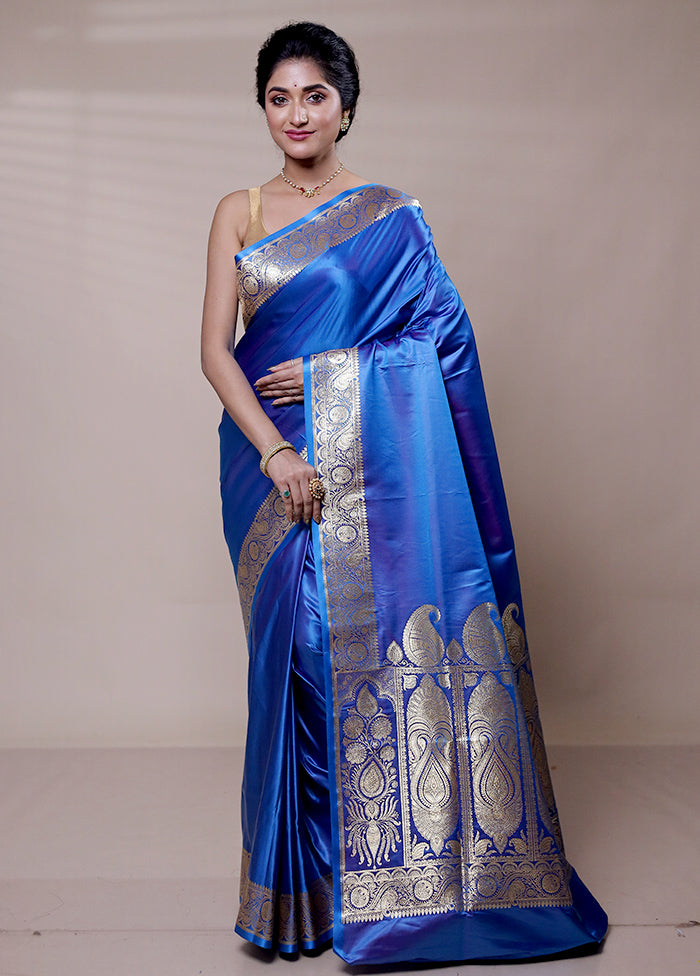 Blue Banarasi Silk Saree With Blouse Piece