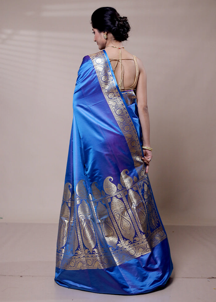 Blue Banarasi Silk Saree With Blouse Piece