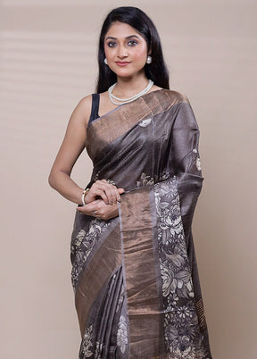 Grey Handloom Tussar Pure Silk Saree With Blouse Piece