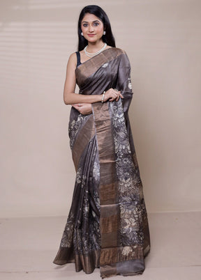 Grey Handloom Tussar Pure Silk Saree With Blouse Piece