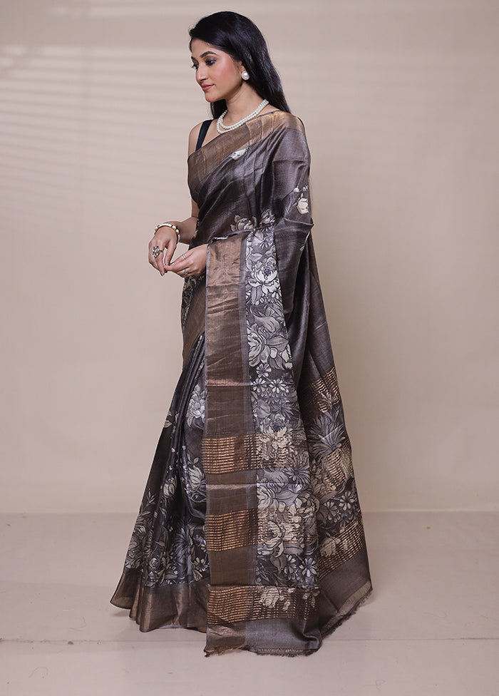 Grey Handloom Tussar Pure Silk Saree With Blouse Piece