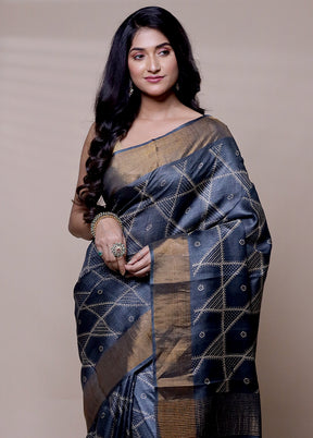 Grey Handloom Tussar Pure Silk Saree With Blouse Piece