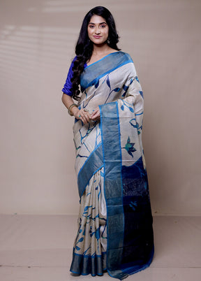 Cream Handloom Tussar Pure Silk Saree With Blouse Piece