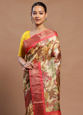 Cream Handloom Tussar Pure Silk Saree With Blouse Piece