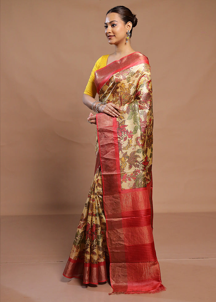 Cream Handloom Tussar Pure Silk Saree With Blouse Piece