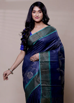 Blue Handloom Tussar Pure Silk Saree With Blouse Piece