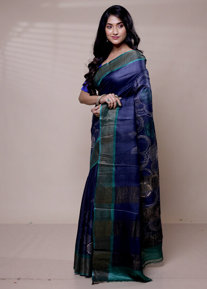 Blue Handloom Tussar Pure Silk Saree With Blouse Piece