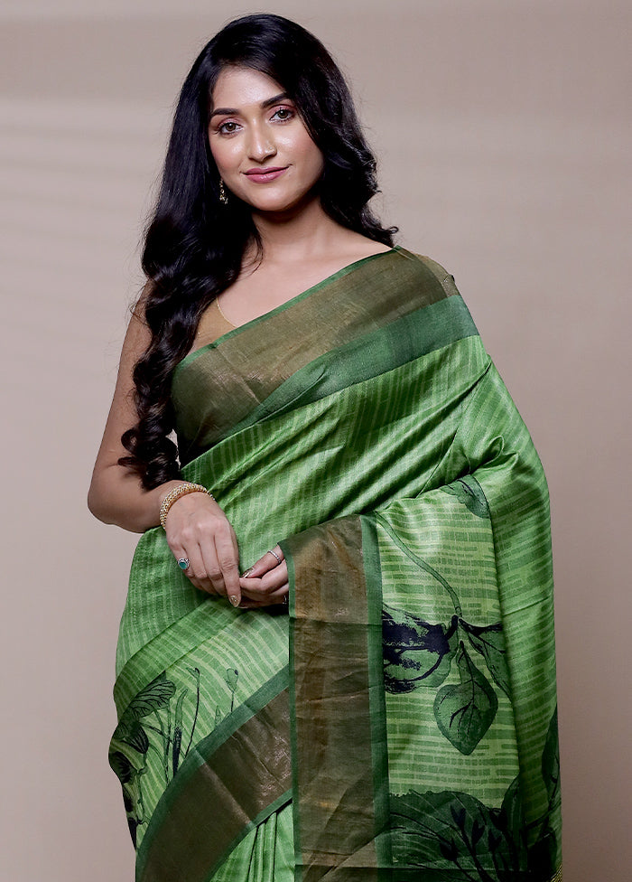 Green Handloom Tussar Pure Silk Saree With Blouse Piece