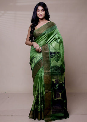 Green Handloom Tussar Pure Silk Saree With Blouse Piece