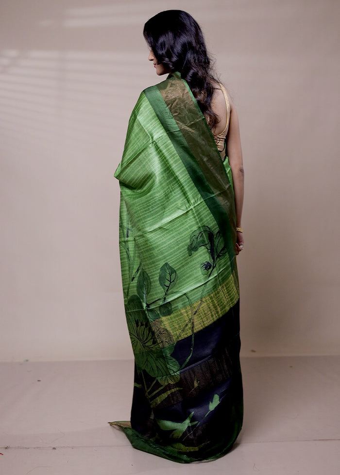 Green Handloom Tussar Pure Silk Saree With Blouse Piece