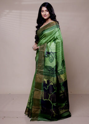 Green Handloom Tussar Pure Silk Saree With Blouse Piece