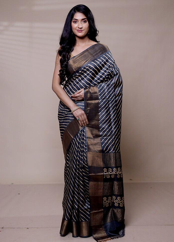 Grey Handloom Tussar Pure Silk Saree With Blouse Piece