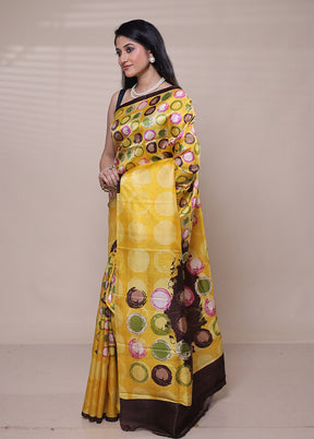 Yellow Printed Pure Silk Saree Without Blouse Piece